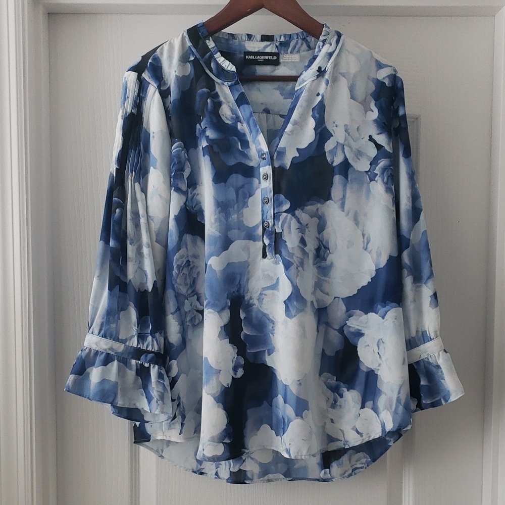 Karl Lagerfeld Navy and White Floral Blouse
